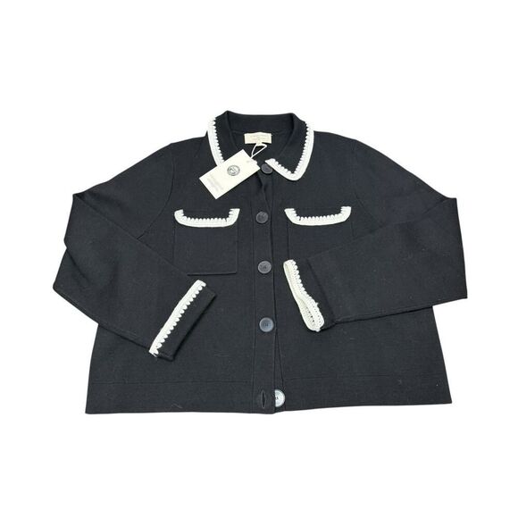 NWT Sézane Gilet Betty Wool Cardigan XXL Black Crochet Trim Button Front - Picture 8 of 10